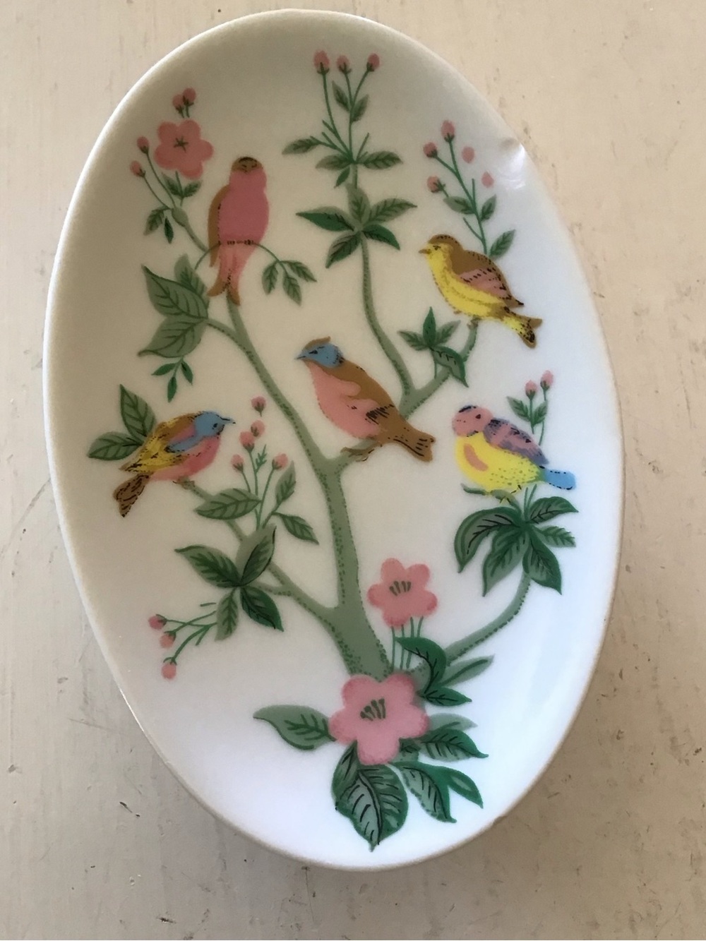 Vintage Botanical Birds Flowers Pedestal Soap Trinket Dish